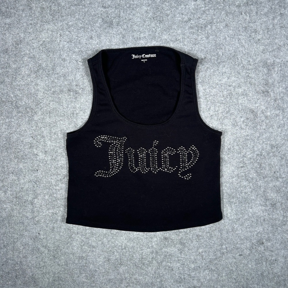 Juicy Couture Tank Top Womens L Black Rhinestone Logo Y2K Crop Sleeveless